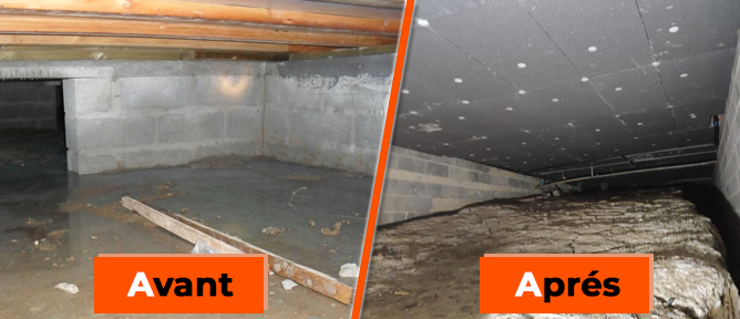 Un avant et après l'installation d'une isolation panneaux de polystyrène dans un vide sanitaire