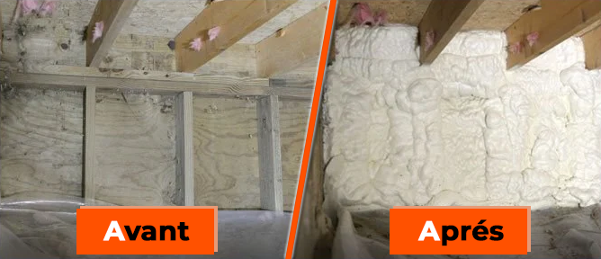 Un avant et après l'installation d'une isolation mousse polyuréthane dans un vide sanitaire 