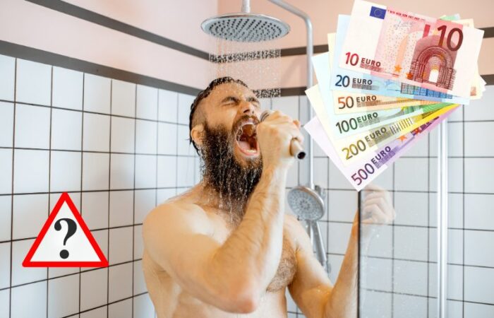 homme qui chante sous la douche avec billet de banque