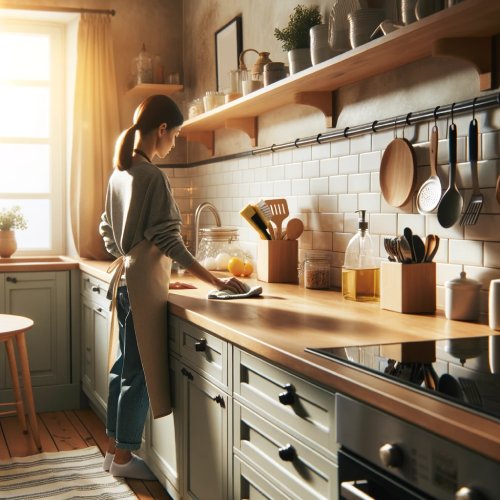 femme nettoyant sa cuisine