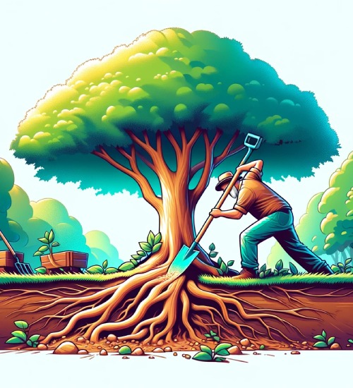 homme qui creuse les racines d'un arbre