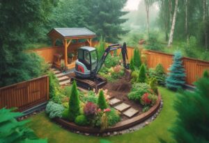 engin de chantier dans un jardin qui creuse