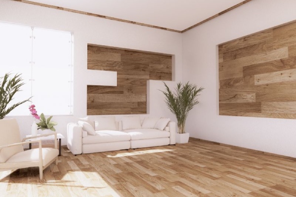 salon avec mur et sol en bois