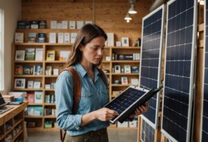femme avec panneaux solaires dans les mains